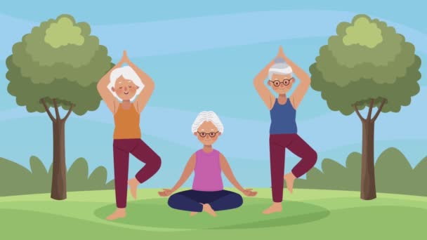 Oude vrouwen die yoga animatie beoefenen — Stockvideo