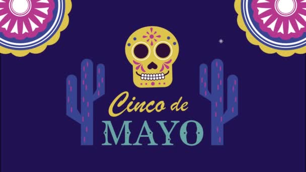 Cinco de mayo napis z czaszką i kaktusem — Wideo stockowe