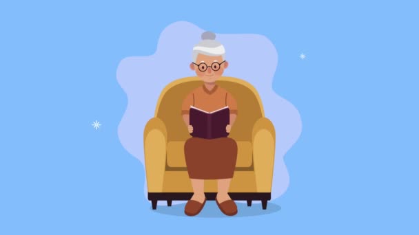 Grandmother reading book character animation — Stock Video