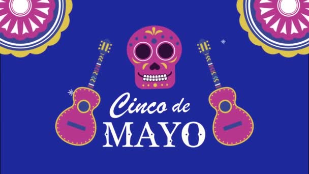 Cinco de mayo písmo s lebkou a kytarami — Stock video