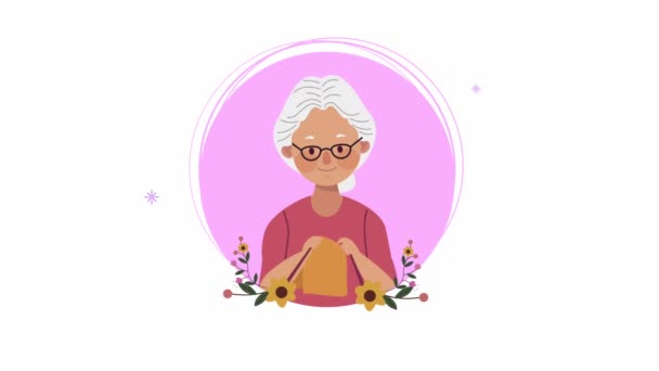 Nonna cucire con fiori personaggio animazione — Video Stock