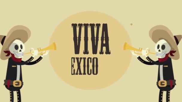 Viva mexico lettering com mariachis tocando trompetes — Vídeo de Stock