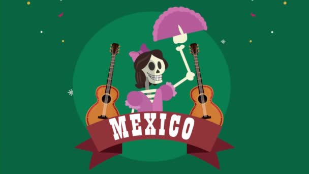 Mexican culture lettering with female skeleton — Stock Video