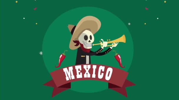Letras de cultura mexicana con esqueleto de trompetista — Vídeos de Stock