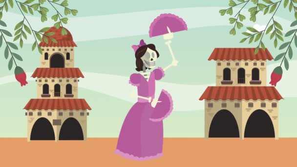 Animación de personajes esqueleto de dama mexicana — Vídeo de stock