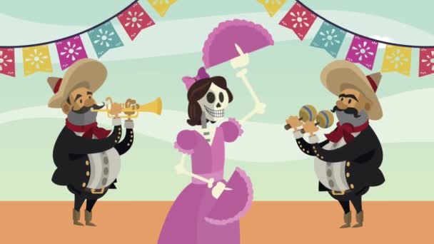 Mexican mariachis with skeleton lady — Stock Video