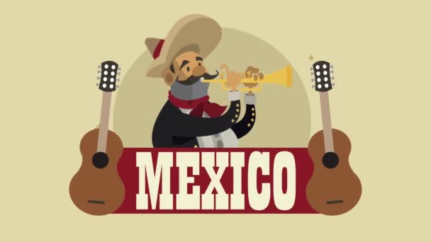 Mexican culture lettering with mariachi playing trumpet — Stock Video