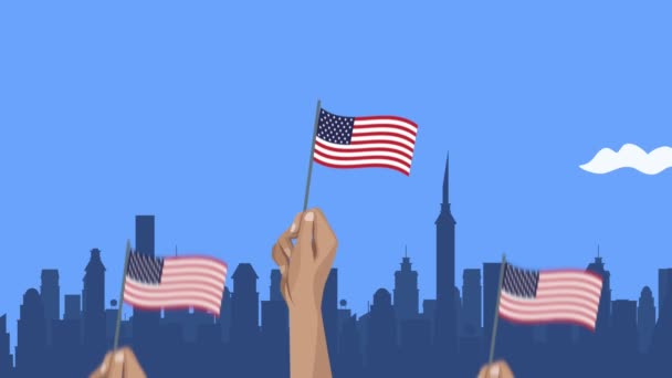 Святкування США з прапорами США на анімації міста — стокове відео