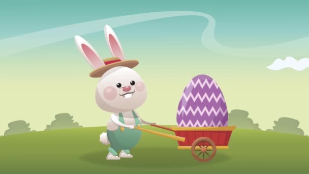 Happy easter celebration with rabbit and wheelbarrow — Stock Video