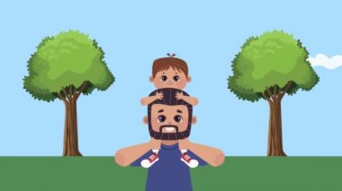 Baba ve oğulla ormanda Babalar Günü animasyonu.