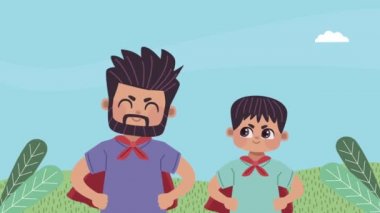 Babalar günü animasyonu. Baba ve oğullarla kahramanlar.