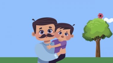 Babalar günü animasyonu. Baba oğlunu kampta kaldırıyor.