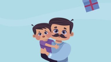 Babalar Günü animasyonu, babanın oğlunu kaldırması ve hediyeler.