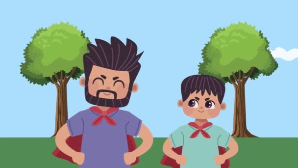 Den otců animace s tátou a synem hrdinové scény — Stock video