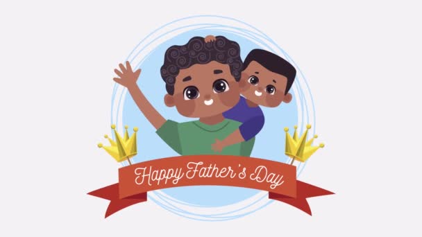 Fathers day lettering with afro dad and son characters — Stock Video
