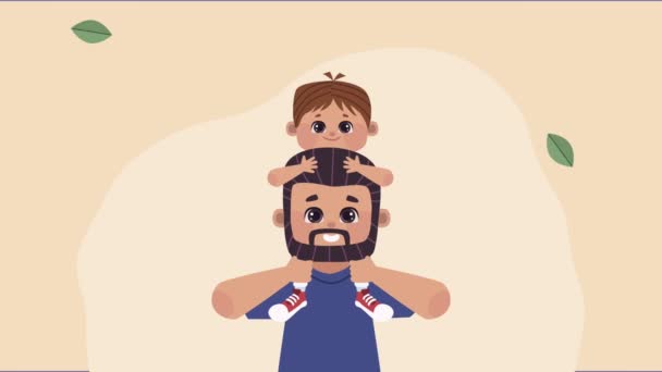 Animação do dia dos pais com o pai levantando filho e folhas — Vídeo de Stock