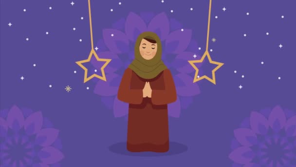 Eid mubarak animación con mujer musulmana — Vídeos de Stock