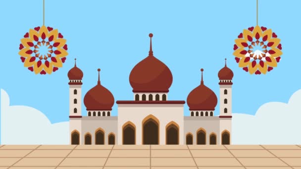 Eid mubarak animación con mezquita y mandalas — Vídeos de Stock