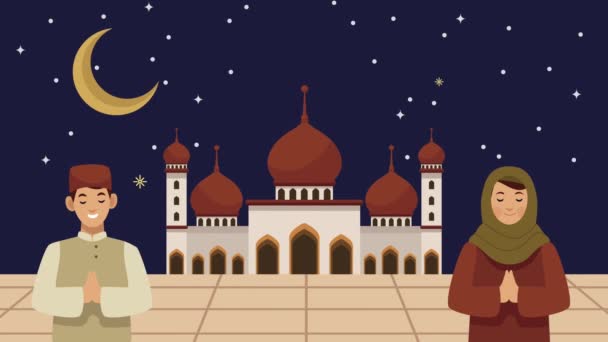 Eid mubarak animacja z muzułmanami i meczetem — Wideo stockowe