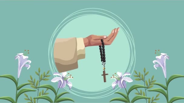 Priest hand with rosary and flowers — Stock Video