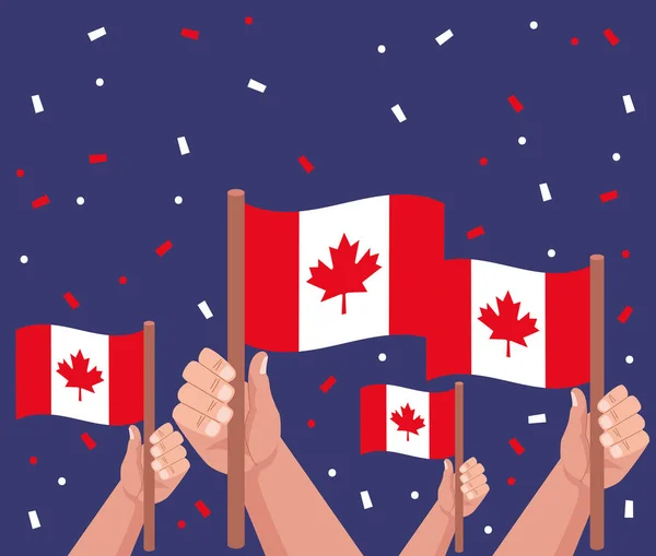 Handen zwaaiend met Canadese vlaggen — Stockvector
