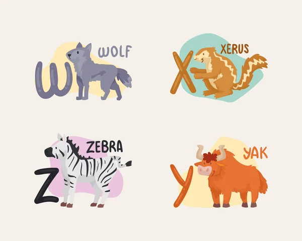 Vier Kinder Alphabet Tiere — Stockvektor