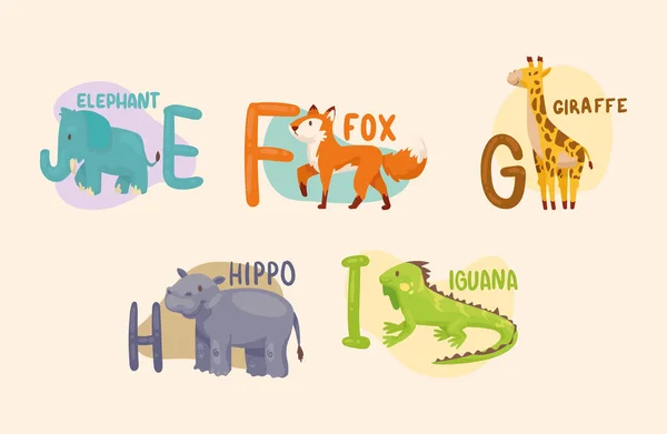 Seis niños alfabeto animales — Vector de stock