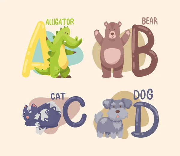 Dört çocuk alfabe hayvanları — Stok Vektör