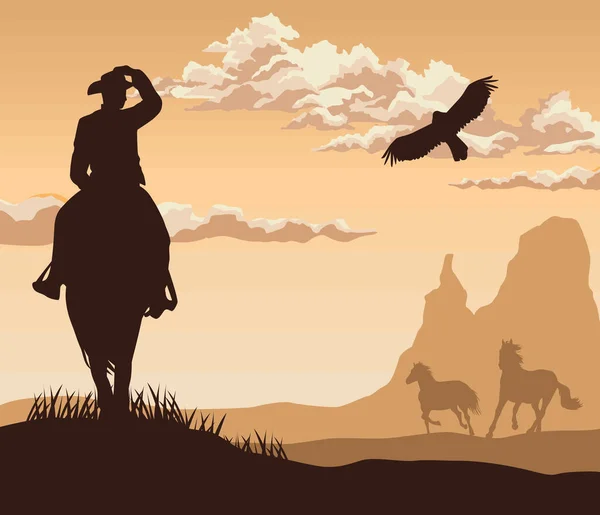 Vaquero con caballos y águila — Vector de stock