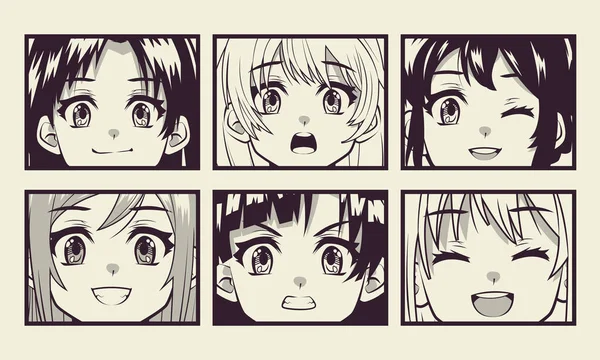 Six girls anime faces — Stockvector