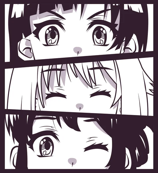 Drie meisjes anime gezichten — Stockvector