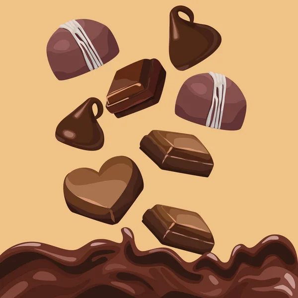 Chocolate candies and liquid — Stock Vector
