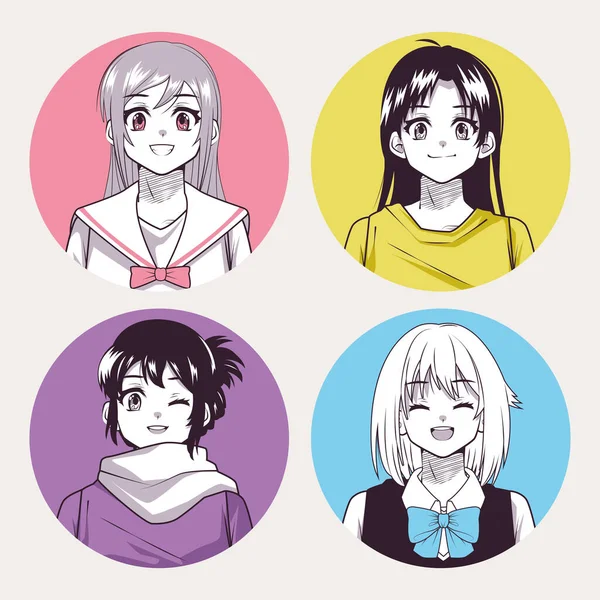 Four girls anime faces - Stok Vektor