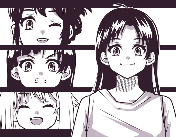 Quatre femmes anime visages — Image vectorielle