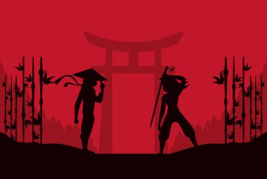 Bambu siluetli iki ninja.
