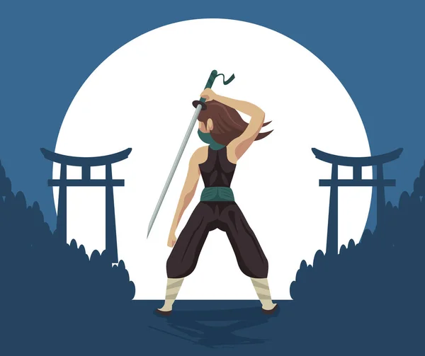 Ninja warrior with sword night — Stock Vector