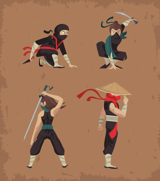 Quatro personagens guerreiros ninjas — Vetor de Stock