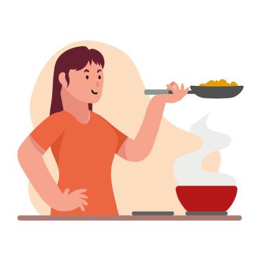 Tavayla yemek pişiren kadın