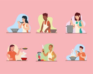 Altı kişi yemek pişirme karakterleri