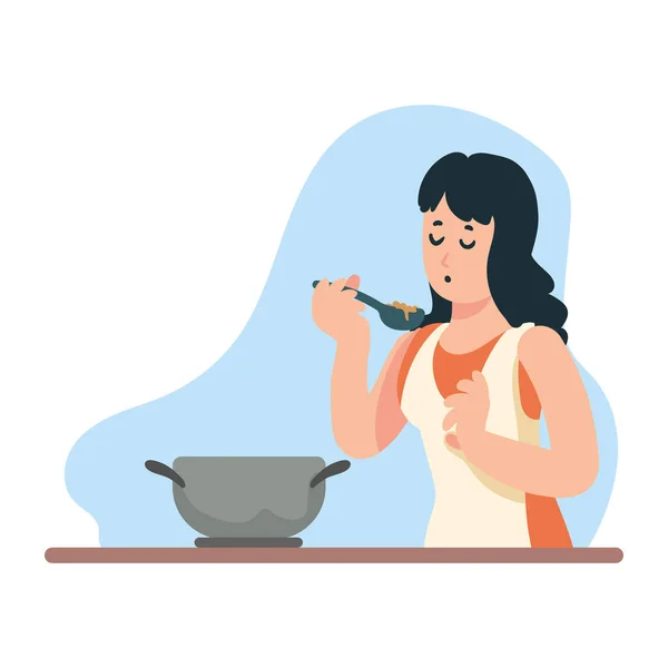 Mujer cocinando con cuchara — Vector de stock