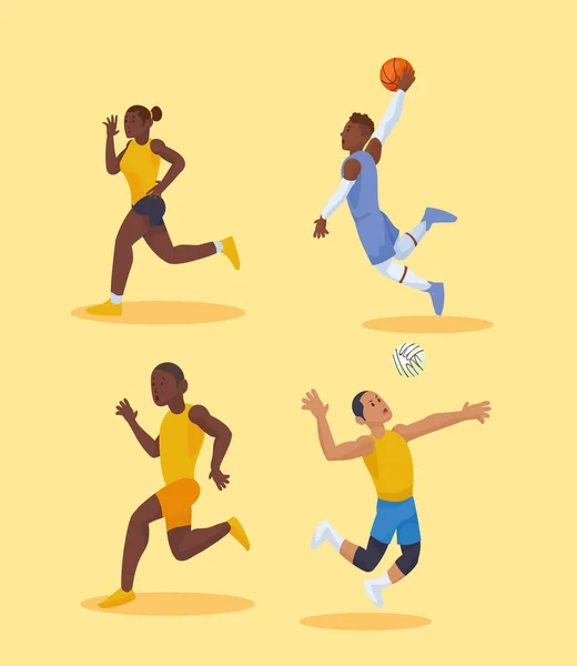 Четыре спортсмена занимаются спортом — стоковый вектор