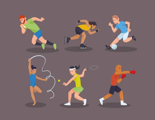 Seis atletas practicando deportes — Vector de stock