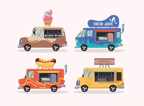Quatre icônes camions alimentaires — Image vectorielle