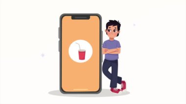 Akıllı telefondan fast food yiyen genç adam.
