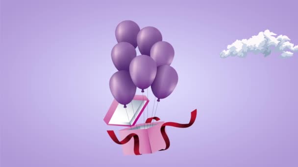 Paarse ballonnen helium met geschenk — Stockvideo