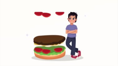 Hamburger animasyonlu genç adam.