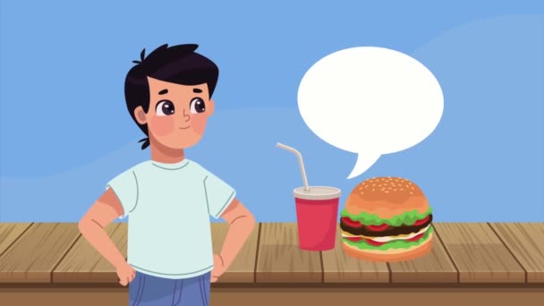 Fast food animasyonu olan genç bir adam. — Stok video