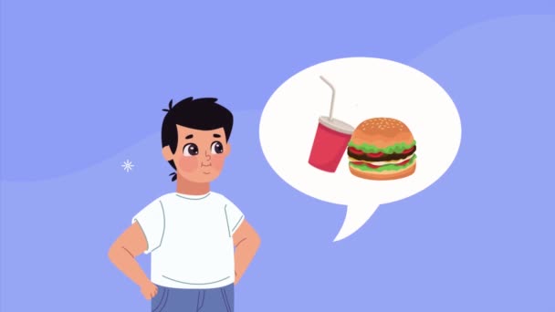 Jonge man staan met fast food animatie — Stockvideo