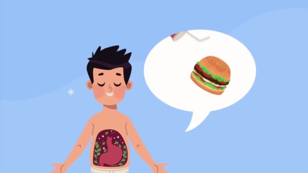 Hombre con animación digestiva y hamburguesa — Vídeos de Stock