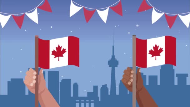 Manos ondeando banderas canadienses animación — Vídeo de stock